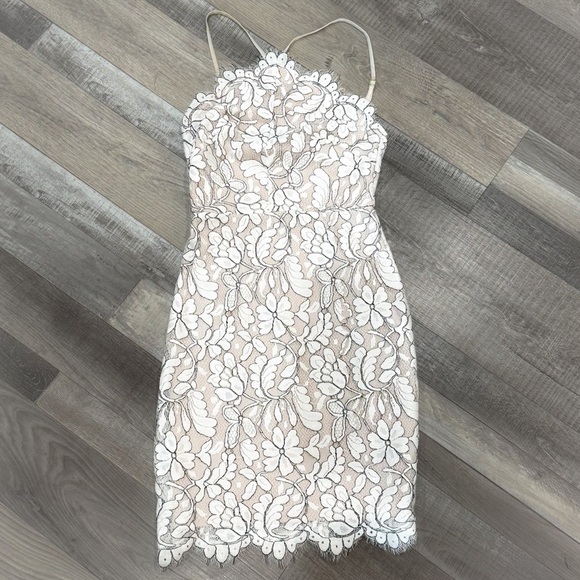 Lulus delicate darling beige and ivory lace bodycon high neck dress ❤️ - Picture 7 of 15